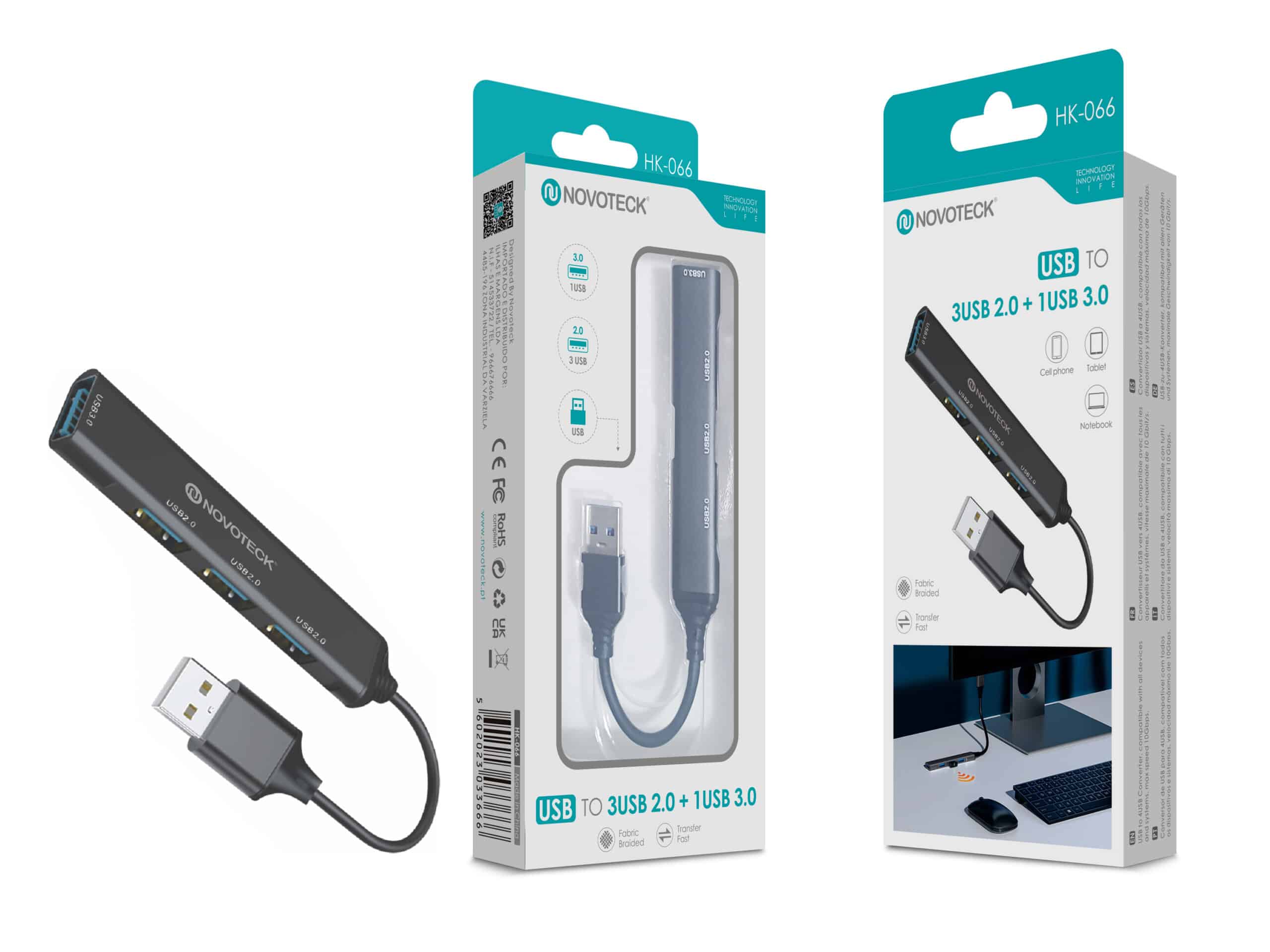 HK-066-ADAPTADOR-HUB-USB-3.0-TO-3USB-2.0USB-3.0-scaled-1 Hub USB NOVOTECK – Expansão com 3 Portas USB 2.0 e 1 Porta USB 3.0 HK-066 - Image 1